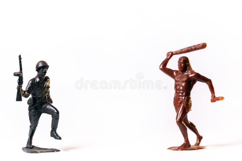 A duel between a vintage toy soldier and a primitive man, isolated on a white background.