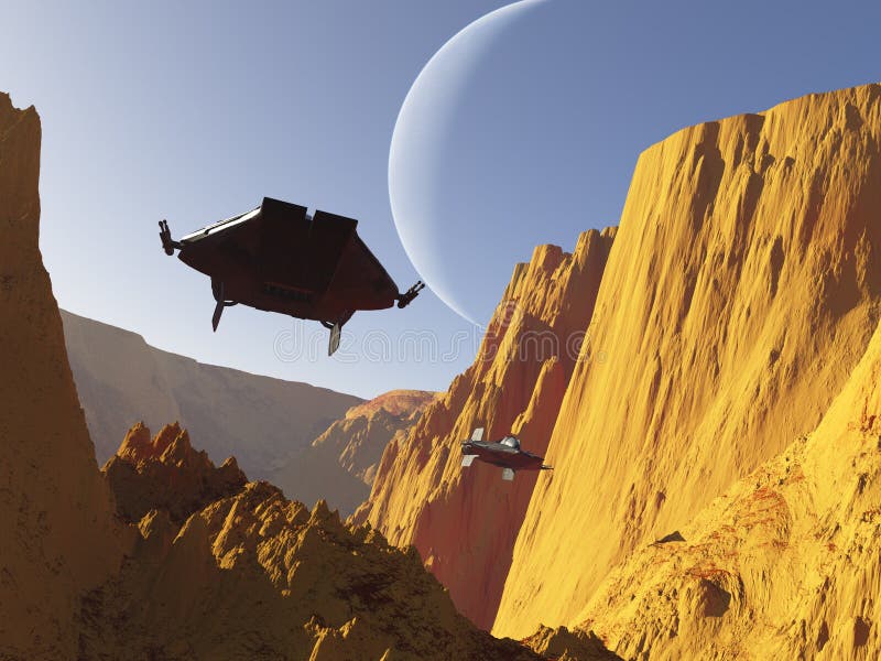 Spacecraft chase in a sun-baked desert on some distant planet in the future. Spacecraft chase in a sun-baked desert on some distant planet in the future