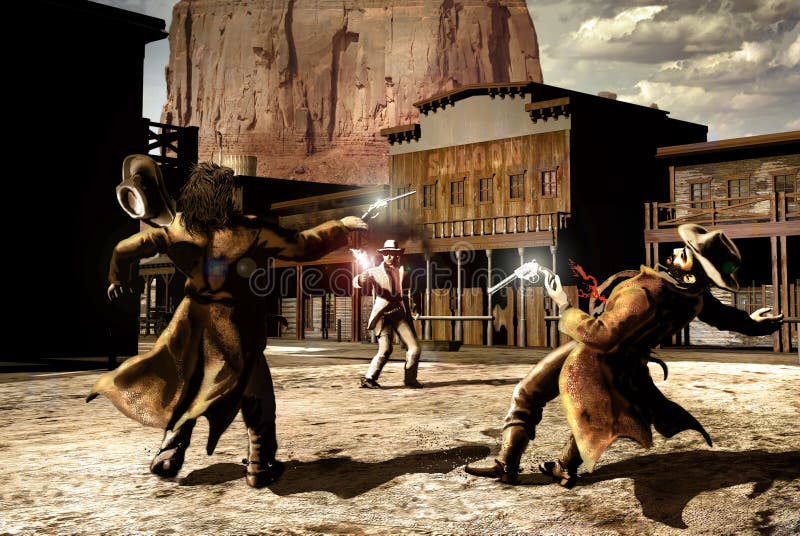 In an old western street, the confrontation between three cowboys. One of the men, faster than its opponents, kills them. In an old western street, the confrontation between three cowboys. One of the men, faster than its opponents, kills them.