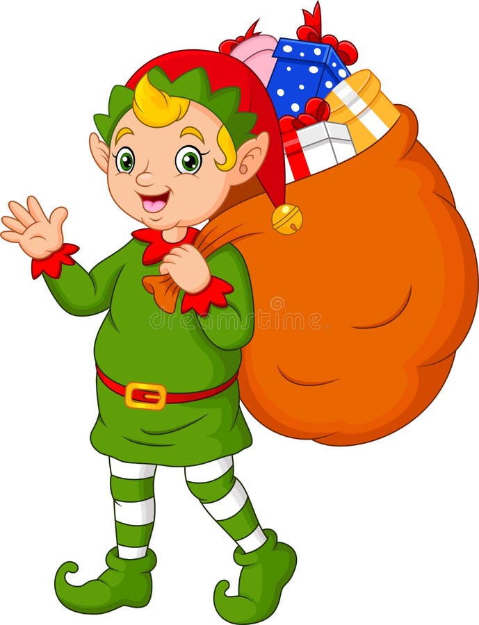 Duende de la Navidad de la historieta que lleva un saco de regalos libre illustration Duende de la Navidad de la historieta que lleva un saco de regalos libre illustration