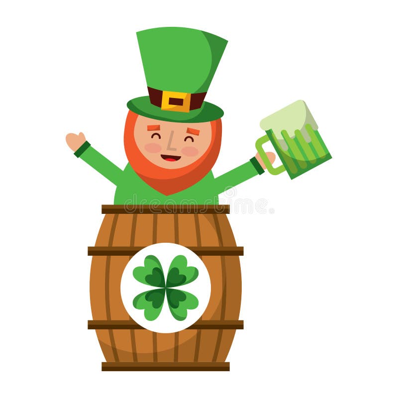 Duende del día de los patricks del St dentro en un barril con una pinta de cerveza en su mano ilustración del vector Duende del día de los patricks del St dentro en un barril con una pinta de cerveza en su mano ilustración del vector