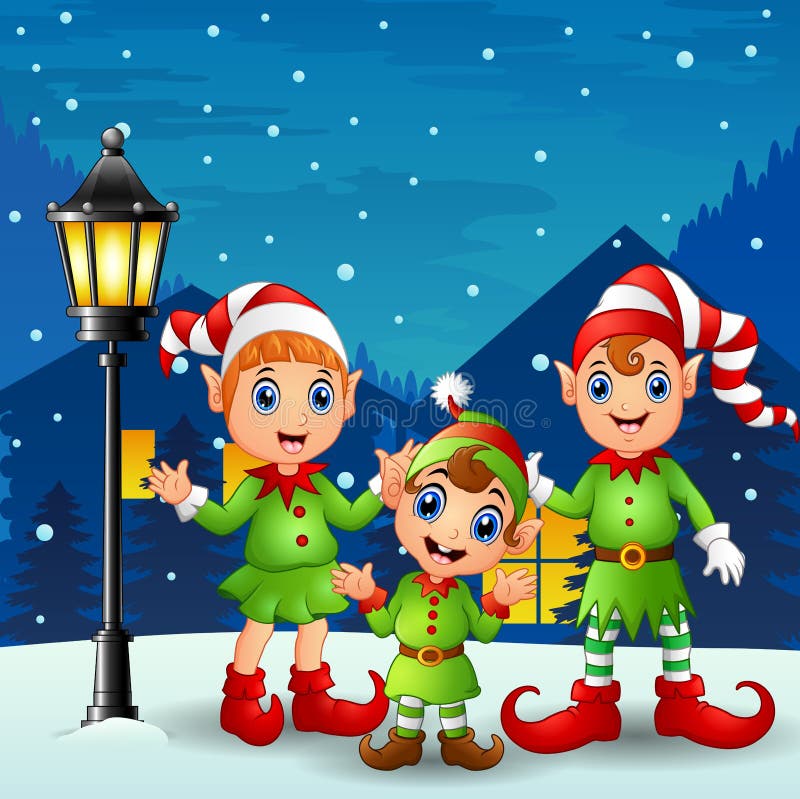 Illustration of Cute little kid elves with snowfall falling at night background. Illustration of Cute little kid elves with snowfall falling at night background