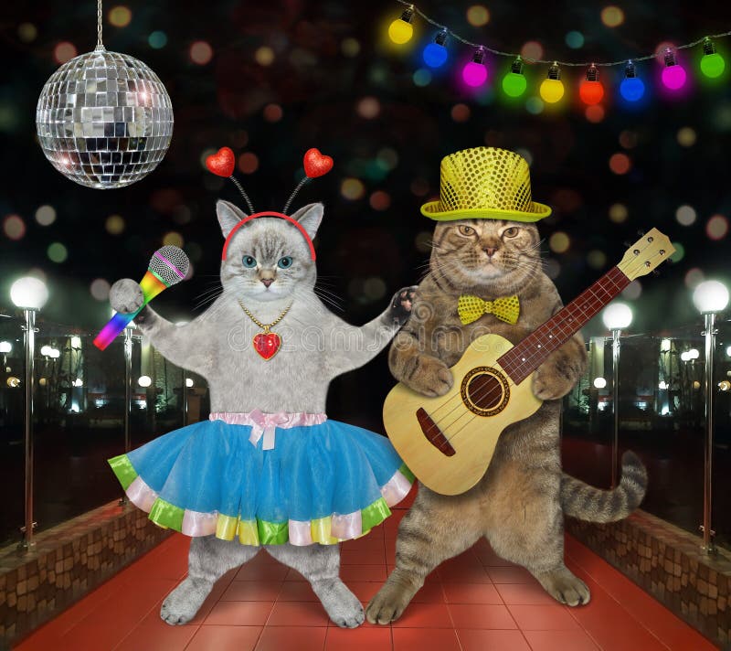 Duet of cats musicians are singing a song on a stage in a nightclub. Duet of cats musicians are singing a song on a stage in a nightclub