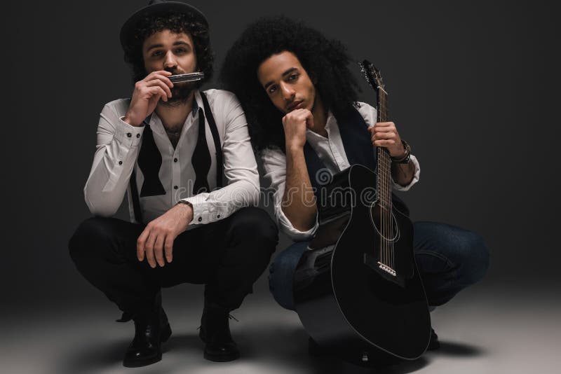 Duet of Musicians with Guitar and Harmonica Stock Image Image of