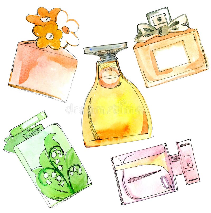 Perfume bottles set. Water color illustration. Perfume bottles set. Water color illustration.