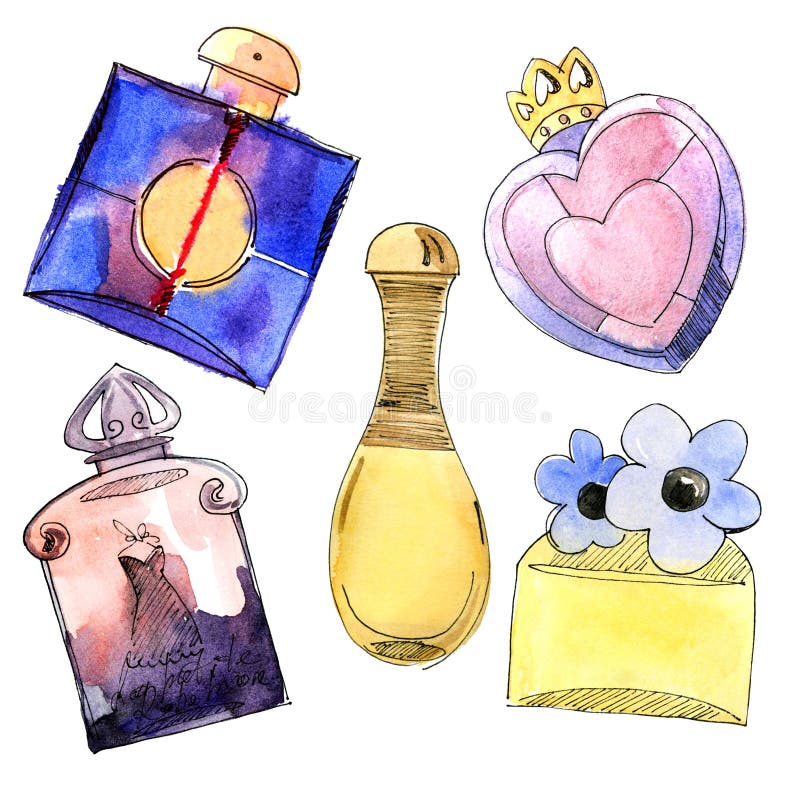 Perfume bottles set. Water color illustration. Perfume bottles set. Water color illustration
