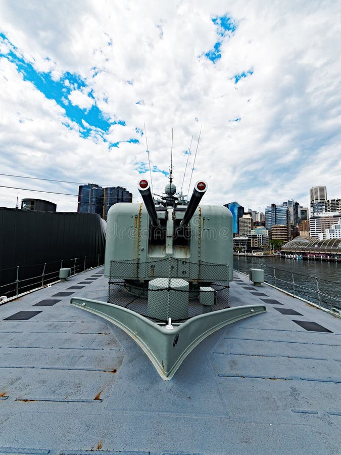 Twin 4.5 inch or 113 mm naval guns on a retired or decommissioned Royal Australian Navy destroyer, HMAS Vampire, now a floating museum ship in the Australian National Maritime Museum, Pyrmont Bay, Sydney harbour, NSW, Australia. Twin 4.5 inch or 113 mm naval guns on a retired or decommissioned Royal Australian Navy destroyer, HMAS Vampire, now a floating museum ship in the Australian National Maritime Museum, Pyrmont Bay, Sydney harbour, NSW, Australia.