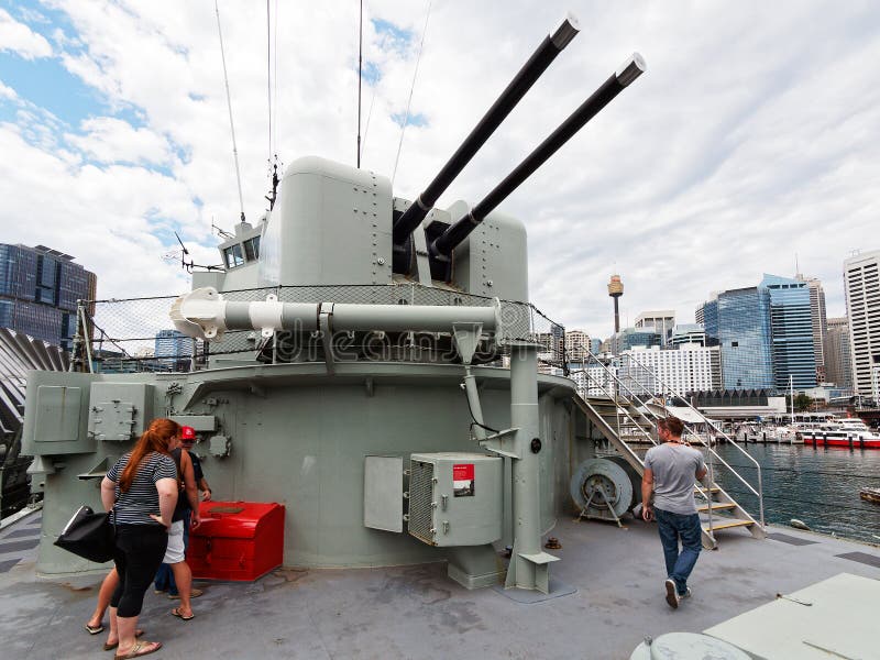 Twin 4.5 inch or 113 mm naval guns on a retired or decommissioned Royal Australian Navy destroyer, HMAS Vampire, now a floating museum ship in the Australian National Maritime Museum, Pyrmont Bay, Sydney harbour, NSW, Australia. Twin 4.5 inch or 113 mm naval guns on a retired or decommissioned Royal Australian Navy destroyer, HMAS Vampire, now a floating museum ship in the Australian National Maritime Museum, Pyrmont Bay, Sydney harbour, NSW, Australia.