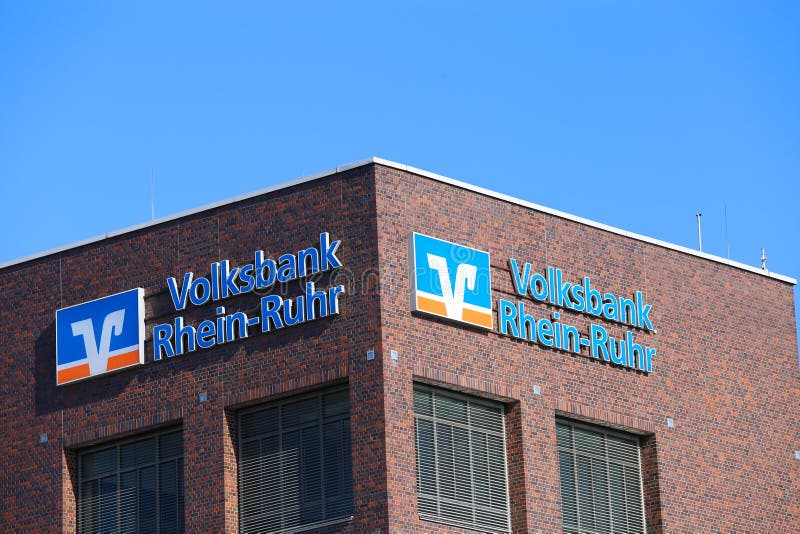 Closeup of Logo Lettering of Volksbank Rhein Ruhr on Wall of Bank