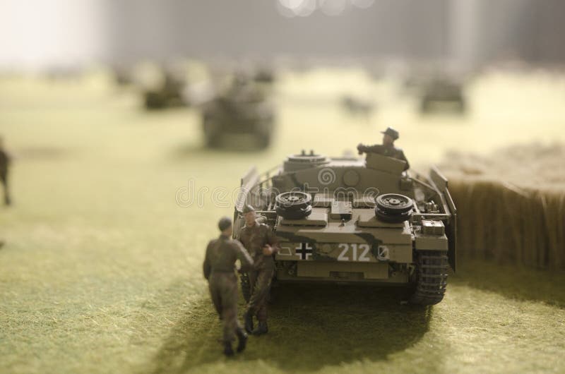 Maquette of the biggest tank battle on the second World War, Prokhorovka, 1943. German tank destroyer Jagdpanzer StuG and the crew. Maquette of the biggest tank battle on the second World War, Prokhorovka, 1943. German tank destroyer Jagdpanzer StuG and the crew.