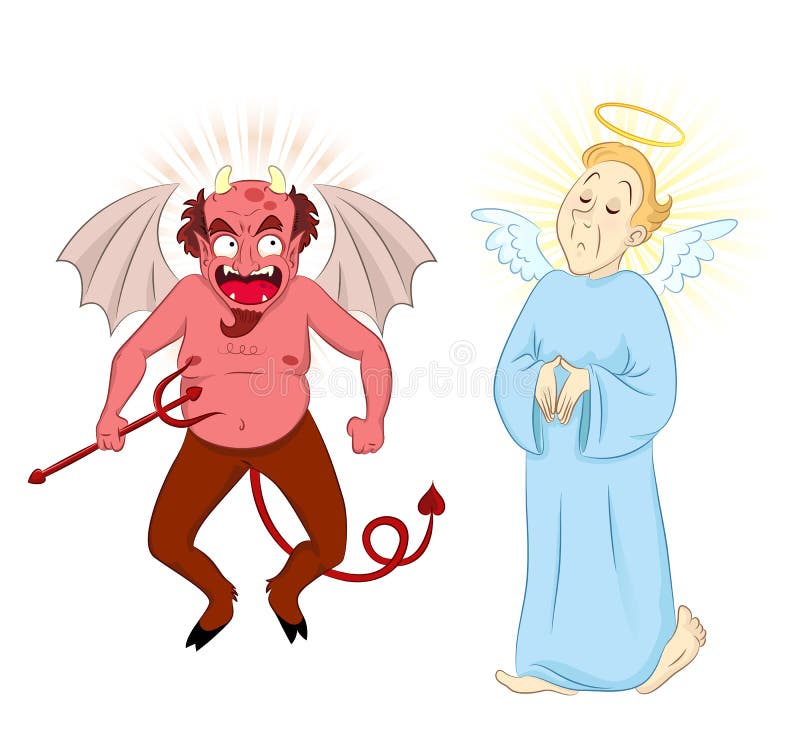 Cartoon characters of a laughing devil and serious angel. Cartoon characters of a laughing devil and serious angel