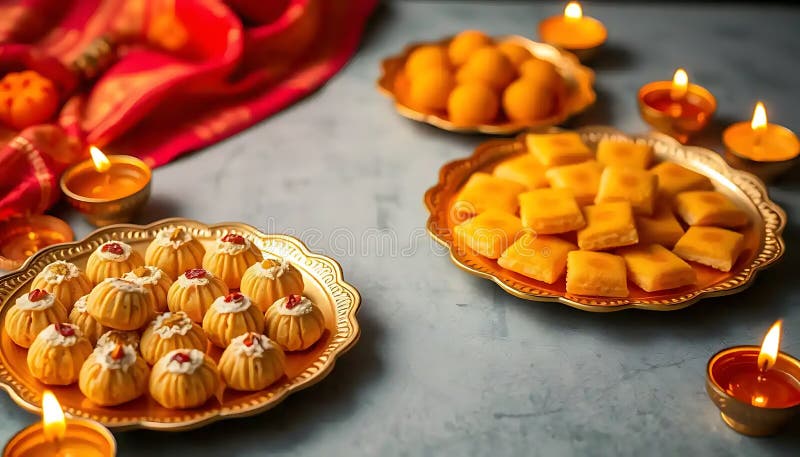 Dulces Diwali Organizados Con Velas Iluminadas En La Mesa stock de ilustración