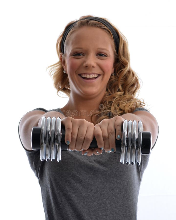 Dumbbell Girl stock photo. Image of smile, fitness, membership 35107074