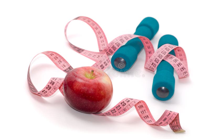 Dumbells, apple and measuring tape