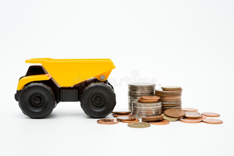 Dump Truck, Loader, Coins Stack on Loft Walls with Sunlight and Copy