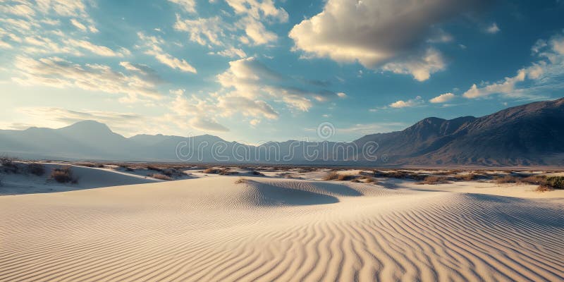 Dune de nisip pentru deșertul expansiv AI generativ sub un concept de afaceri Cer albastru strălucitor cu nori. royalty free illustration