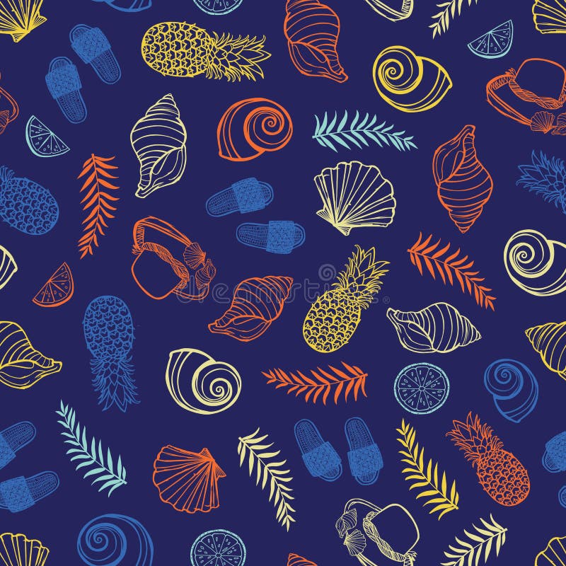Dunkelblaues tropisches Strandmuster des Vektors mit Muscheln, pinapples und Hüten Vervollkommnen Sie f?r Gewebe, Scrapbooking, T stock abbildung Dunkelblaues tropisches Strandmuster des Vektors mit Muscheln, pinapples und Hüten Vervollkommnen Sie f?r Gewebe, Scrapbooking, T stock abbildung