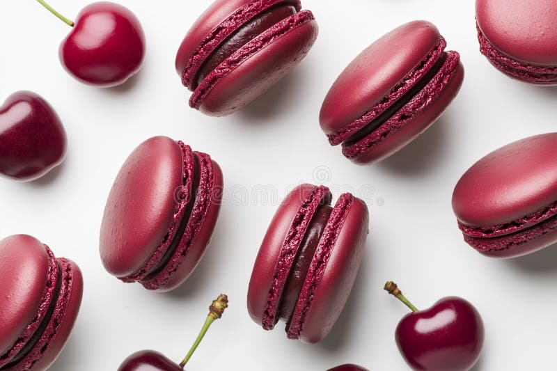 Dunkelrote Macarons mit frischen Kirschen im weißen Hintergrund. Reiche dunkelrote Macarons mit reifen Kirschen auf einem sauberen weißen Hintergrund strahlend Luxus und raffinierte Süße