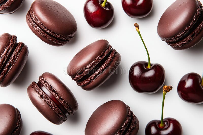 Dunkelrote Macarons mit frischen Kirschen im weißen Hintergrund stock abbildung