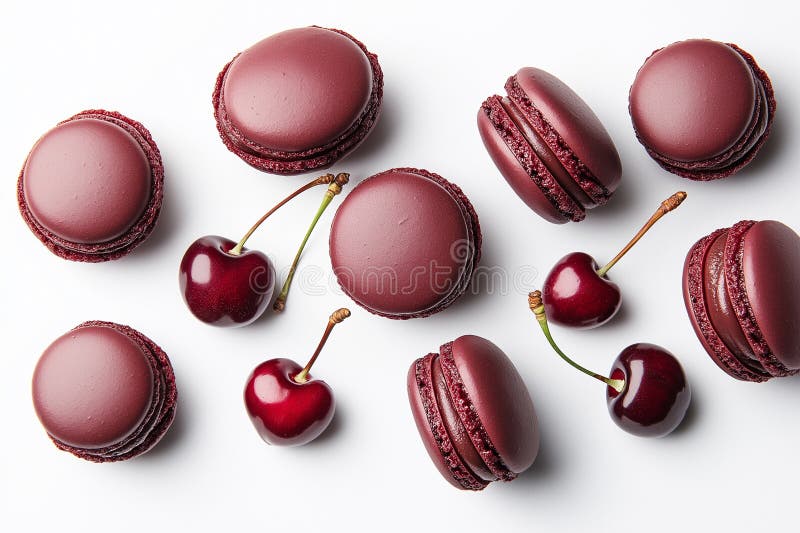 Dunkelrote Macarons mit frischen Kirschen im weißen Hintergrund lizenzfreie abbildung