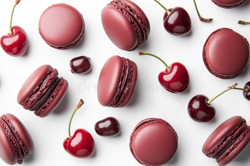 Dunkelrote Macarons mit frischen Kirschen im weißen Hintergrund vektor abbildung