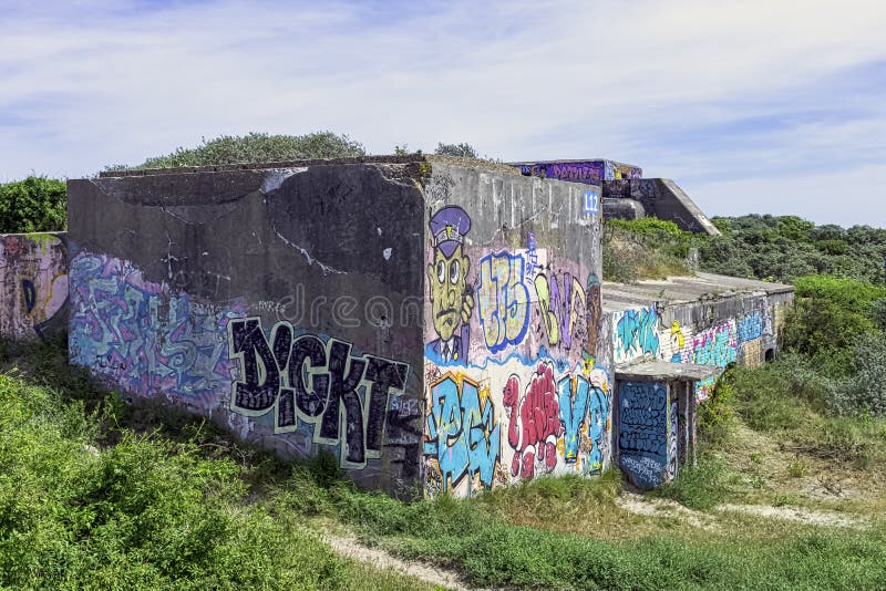 Dunkirk Beaches Bunkers with illegal graffiti - remains of a WW2 Nazi coastal gun battery, known as M.K.B Malo Terminus