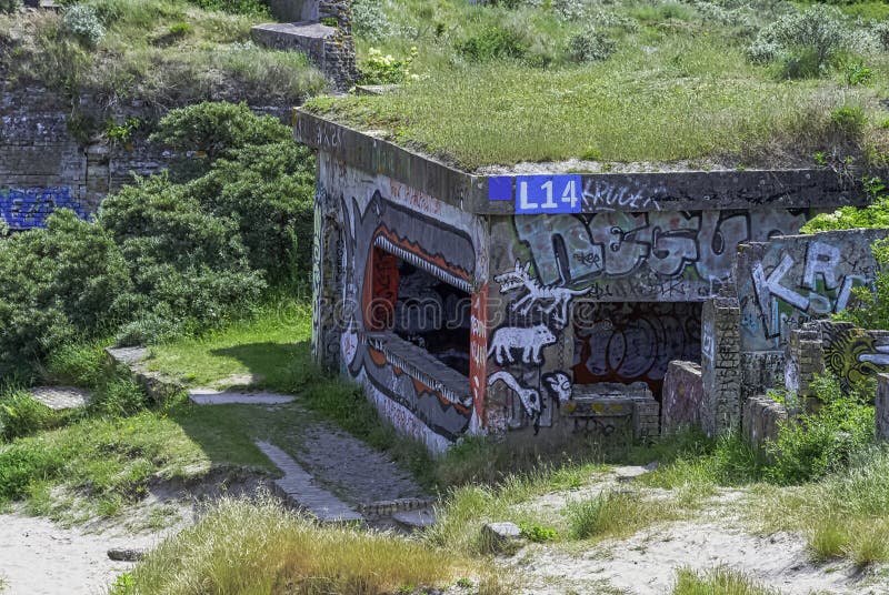 Dunkirk Beaches Bunkers with illegal graffiti - remains of a WW2 Nazi coastal gun battery, known as M.K.B Malo Terminus