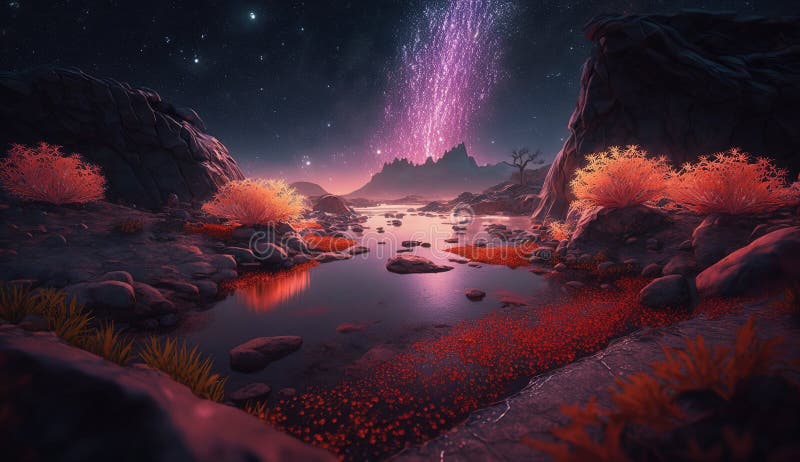 Dunkle außerirdische Landschaft mit roten Pflanzen und glühendem violettem Wasser. generative Hilfe lizenzfreie abbildung