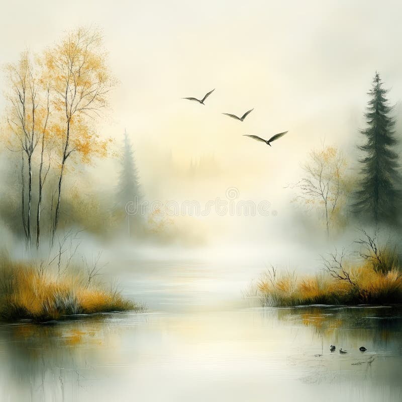 Dunkle Herbstlandschaft mit fliegenden Vögeln stock abbildung