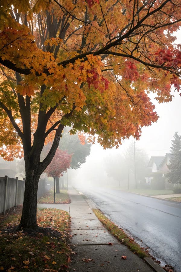 Dunkle Herbstvormitte mit Ahornbaum im Nebel lizenzfreie abbildung