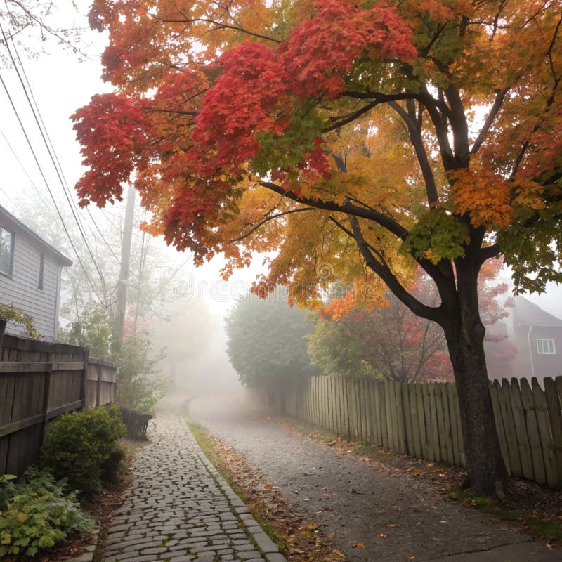 Dunkle Herbstvormitte mit Ahornbaum im Nebel vektor abbildung