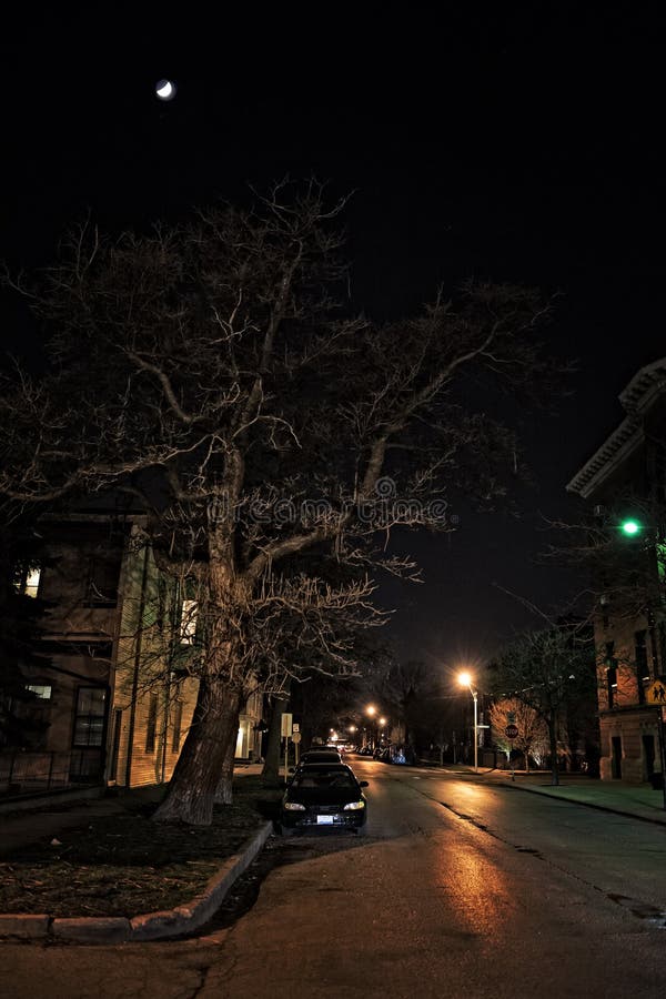 Dunkle Stadt-Straße nachts mit Mond stockbilder Dunkle Stadt-Straße nachts mit Mond stockbilder