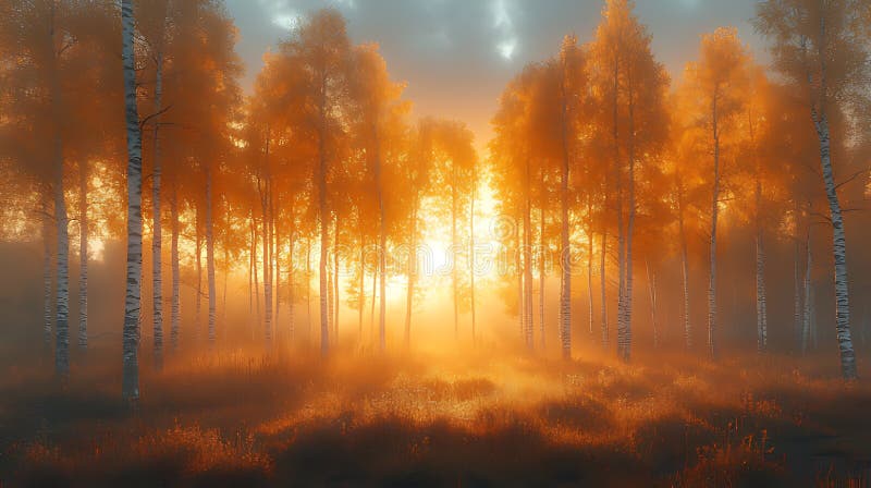 Dunkler Herbstsonnenaufgang im Birkenwald vektor abbildung