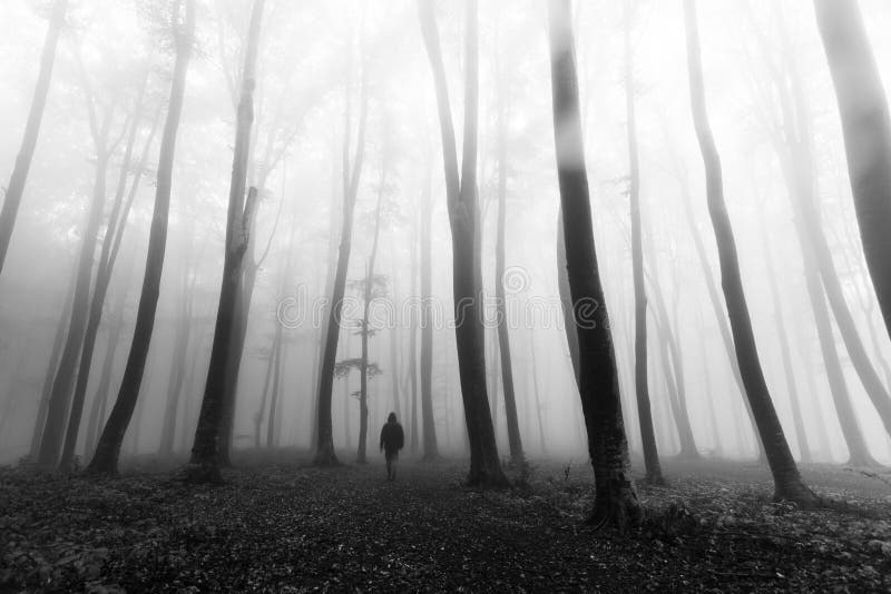 Dunkler Mann des Horrors im Schattenbild im nebeligen Wald