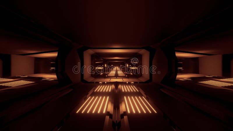 Dunkler schwarzer Weltraumscifi-Tunnel mit goldfarbenen Lichtern 3D-Illustration Hintergrund vj Schleife endlose Looping