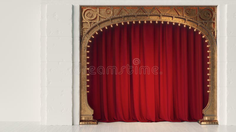 Dark empty cabaret or comedy club stage with red curtain and art Nouveau arch. 3d render. Dark empty cabaret or comedy club stage with red curtain and art Nouveau arch. 3d render