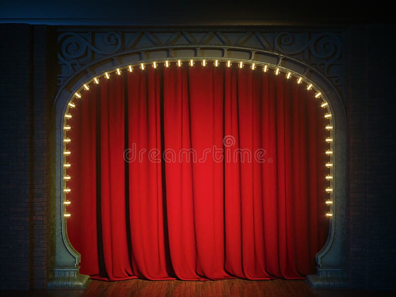 Dark empty cabaret or comedy club stage with red curtain and art Nouveau arch. 3d render. Dark empty cabaret or comedy club stage with red curtain and art Nouveau arch. 3d render