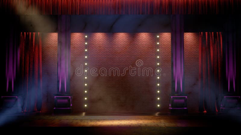 Dark empty stage with spot lights. Comedy, Standup, cabaret, night club stage 3d render. Dark empty stage with spot lights. Comedy, Standup, cabaret, night club stage 3d render.