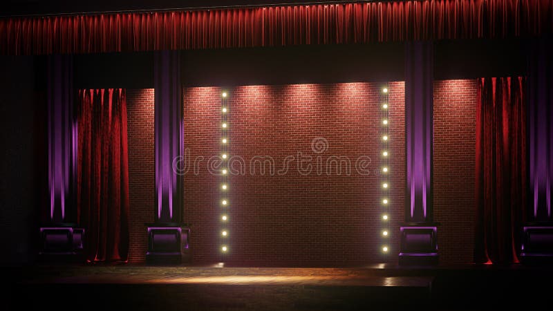 Dark empty stage with spot lights. Comedy, Standup, cabaret, night club stage 3d render. Dark empty stage with spot lights. Comedy, Standup, cabaret, night club stage 3d render.