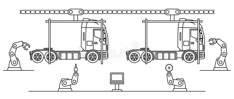 Dunne de vrachtwagenlopende band van de lijnstijl De automatische transportband van de vervoerproductie vector illustratie Dunne de vrachtwagenlopende band van de lijnstijl De automatische transportband van de vervoerproductie vector illustratie