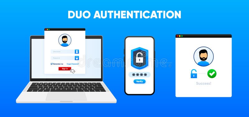 Duo Authentication concept banner. Two factor verification via laptop and phone. Safety login or sign in. Can use for royalty free illustration