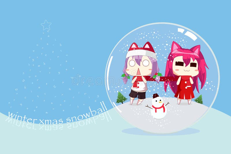 Duo Kawaii Happy Girl Pink Hair Cartoon Character Wearing Red Scarf Together Snowman And Christmas Tree In Snowball Globe On Stock Image Illustration Of Blue Glass
