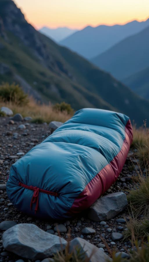 Durable travel sleeping bag in compression sack, camping, reliable stock illustration