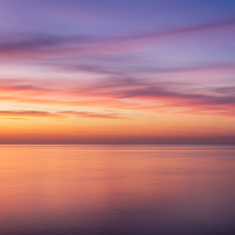 Un tranquillo paesaggio marino durante il tramonto, con un oceano calmo che riflette un gradiente di colori pastello. Il cielo passa da un arancione e rosa tenui vicino all'orizzonte a un delicato viola e blu sopra. Sottili nuvole sparse si estendono nel cielo, esaltando l'atmosfera serena. L'assenza di punti di riferimento o oggetti distinti enfatizza la vastità e la tranquillità della scena.