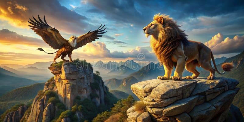 Durch den Himmel ragt eine atemberaubende Drohnenperspektive eines mythischen lionköpfigen Adlers hoch, der mit atemberaubender Lu stock abbildung