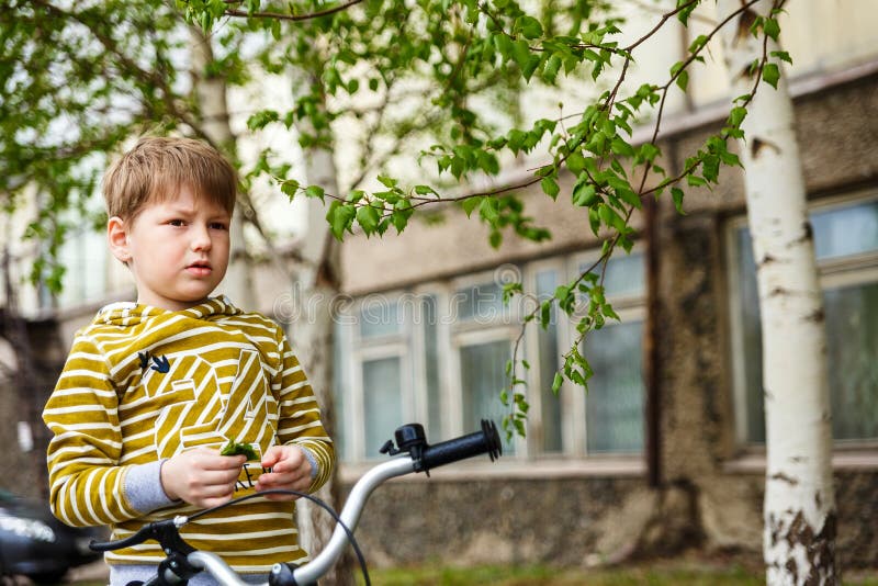 Durchdachter Junge auf einer Fahrradfahrt stockfotos Durchdachter Junge auf einer Fahrradfahrt stockfotos