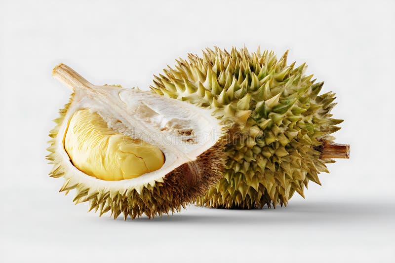 Durian (Durio spp. ) fruit displayed, with one whole and one cut open royalty free illustration