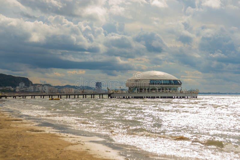 DURRES, ALBANIA: An unusual round building cafe and restaurant is located on the beach of the resort of Durres