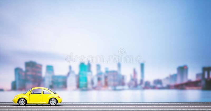 Durée d'une figurine jaune de voitures se déplaçant de droite à gauche sur un modèle de route avec une image de la ville en passan banque de vidéos