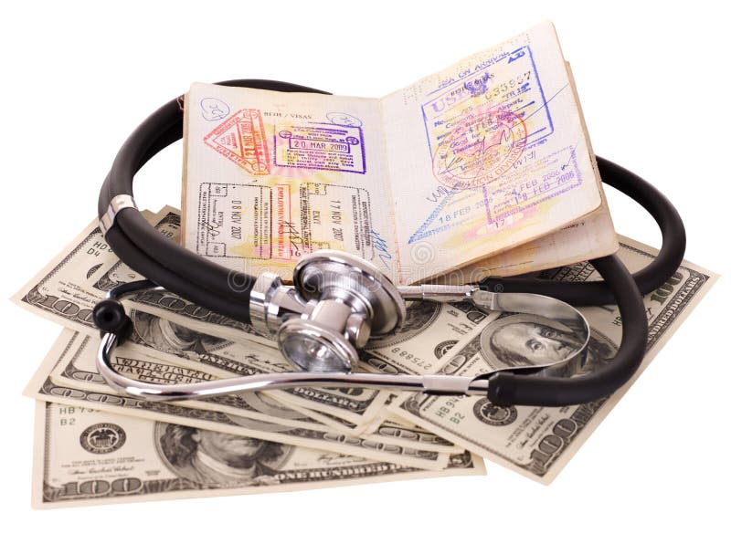 Medical still life with stethoscope, money and passport. Isolated. Medical still life with stethoscope, money and passport. Isolated.